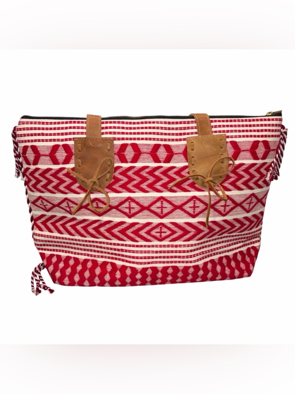 Noonday Collection Red Cotton & Leather Santa Lucia Tote Bag Purse